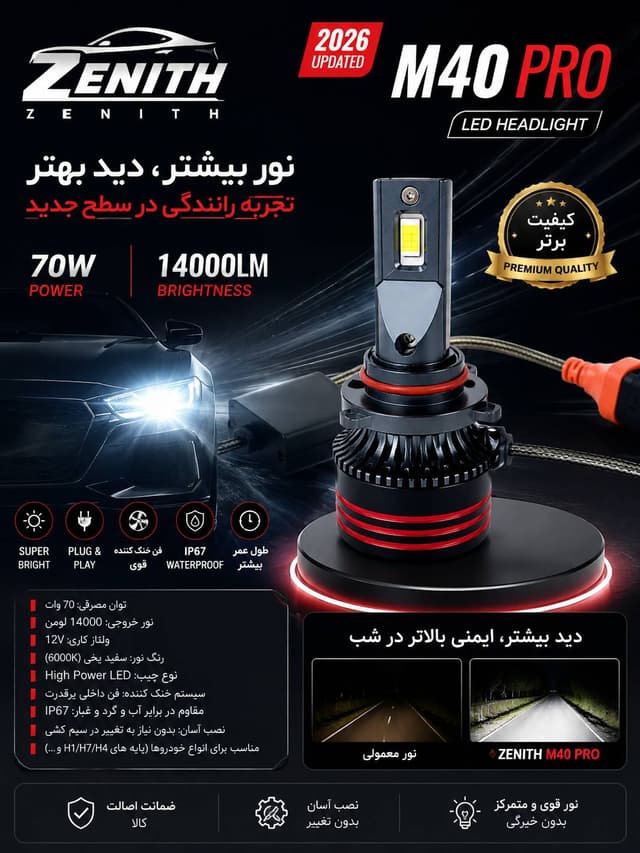 لامپ LED خودرو ZENITH M40PRO سال ساخت 2026 مدل 2کنتاکت